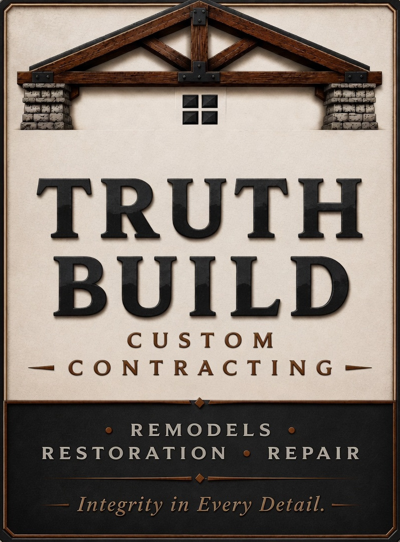 Truth Build Custom Contracting gable lockup: timber truss, stone piers, and the motto Integrity in Every Detail